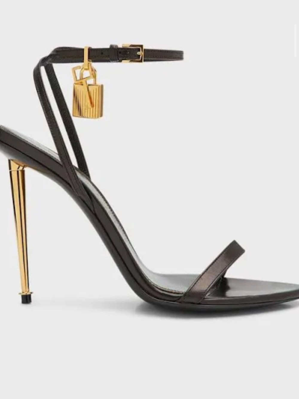 Tom Ford Black Leather Stiletto Sandal with Gold Heel and Charm